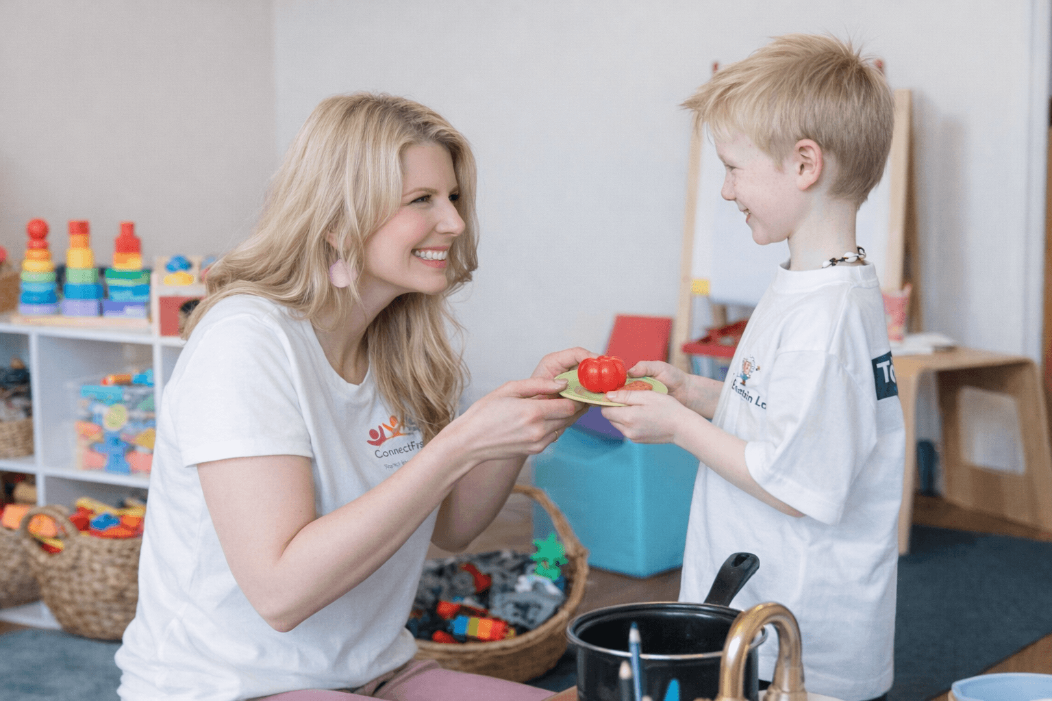 Therapist connecting with child